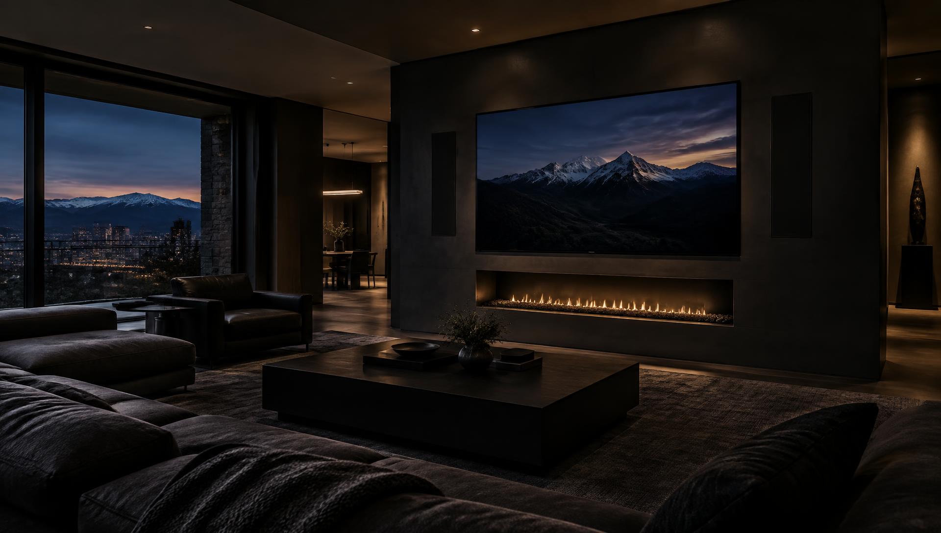 Modern Denver living room with a flush-mounted television and architectural speakers